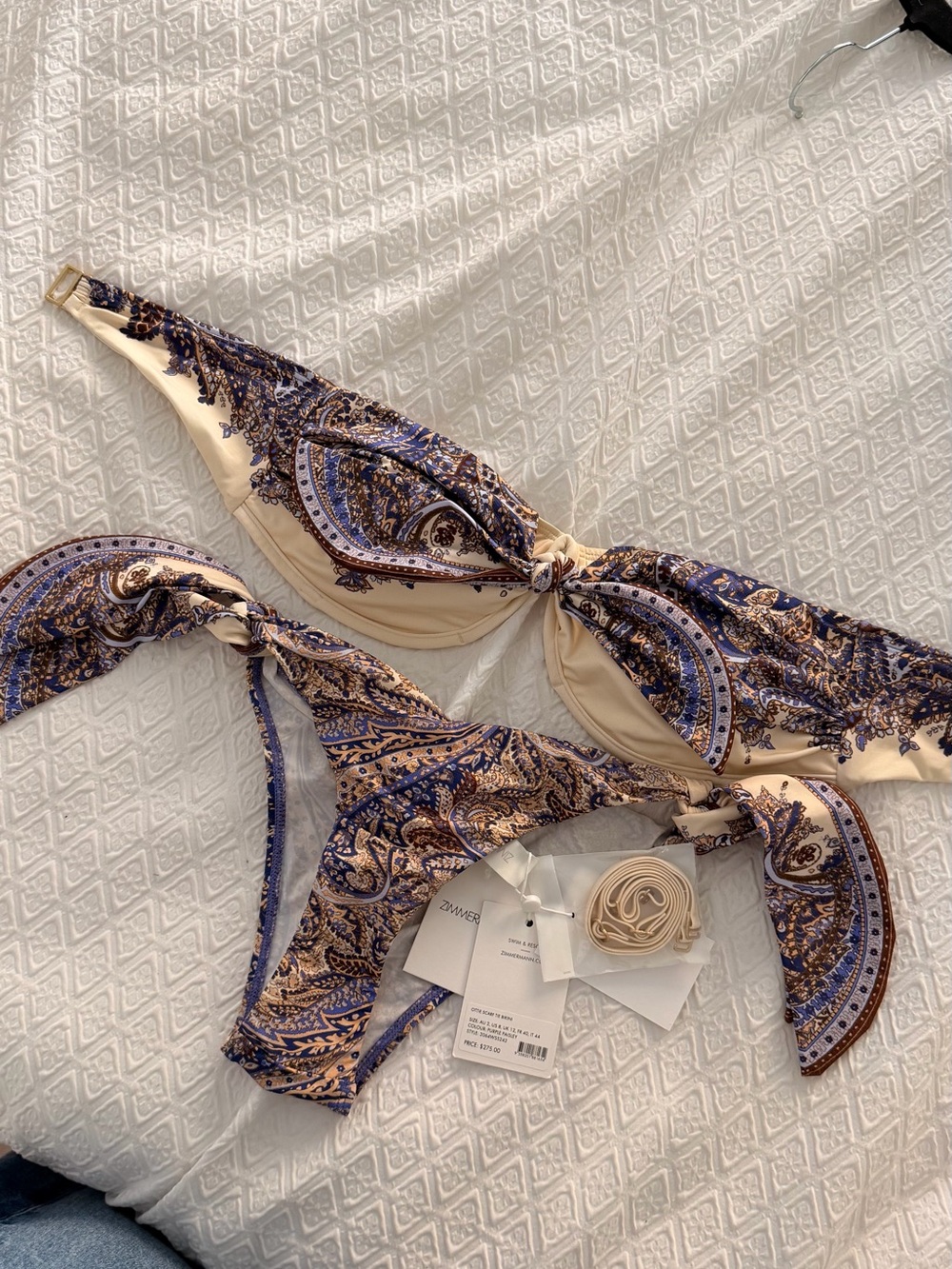 Zimmermann Paisley Bandeau Bikini in Beige and Navy